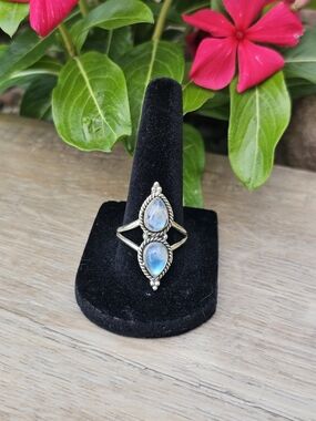 Sterling Silver Double Teardrop Moonstone Ring Size 9